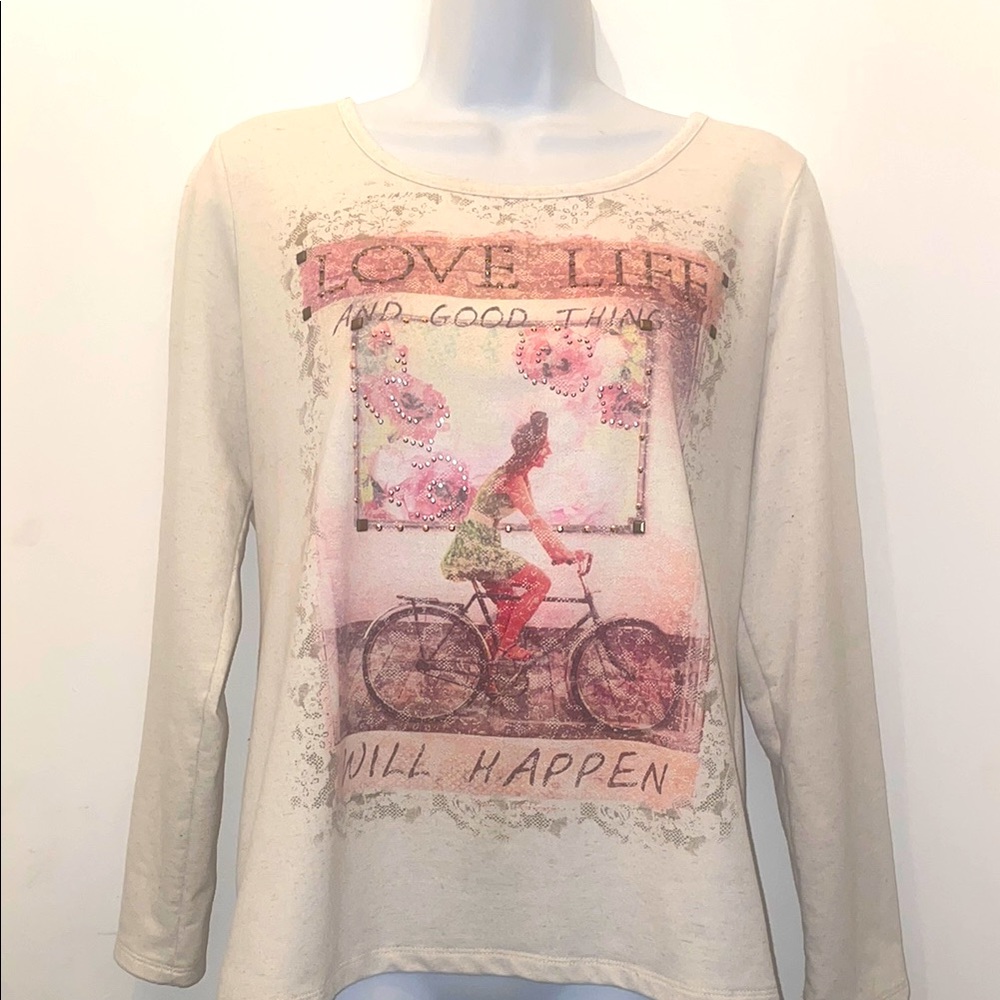 Women's Cream Graphic Long Sleeve Top bling vintage top M